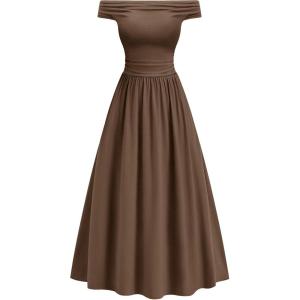 BTFBM Women’s Casual Dresses Spring 2026 Sleeveless Off The Shoulder Dress Slim Swing Pleated Beach Maxi Sundress Pocket(Brown)