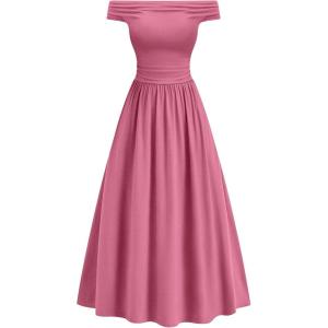 BTFBM Women’s Casual Dresses Spring 2026 Sleeveless Off The Shoulder Dress Slim Swing Pleated Beach Maxi Sundress Pocket(Pink)