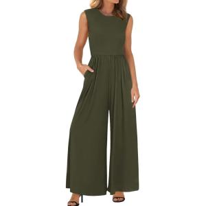 BTFBM Womens Casual Jumpsuits Dressy 2026 Spring One Piece Outfits Crew Neck Sleeveless Knit Wide Leg Pants Romper Beach(Army Green)