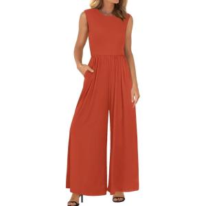 BTFBM Womens Casual Jumpsuits Dressy 2026 Spring One Piece Outfits Crew Neck Sleeveless Knit Wide Leg Pants Romper Beach(Brick Red)