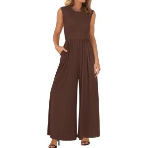 BTFBM Womens Casual Jumpsuits Dressy 2026 Spring One Piece Outfits Crew Neck Sleeveless Knit Wide Leg Pants Romper Beach(Coffee)