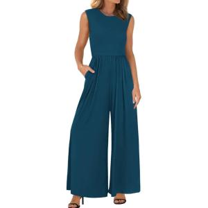 BTFBM Womens Casual Jumpsuits Dressy 2026 Spring One Piece Outfits Crew Neck Sleeveless Knit Wide Leg Pants Romper Beach(Dark Blue)