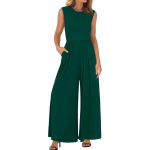 BTFBM Womens Casual Jumpsuits Dressy 2026 Spring One Piece Outfits Crew Neck Sleeveless Knit Wide Leg Pants Romper Beach(Dark Green)