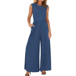 BTFBM Womens Casual Jumpsuits Dressy 2026 Spring One Piece Outfits Crew Neck Sleeveless Knit Wide Leg Pants Romper Beach(Denim Blue)