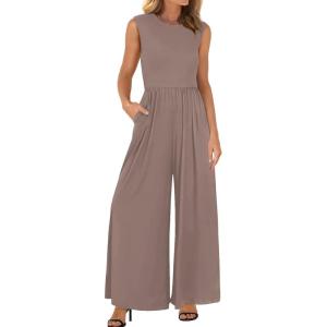 BTFBM Womens Casual Jumpsuits Dressy 2026 Spring One Piece Outfits Crew Neck Sleeveless Knit Wide Leg Pants Romper Beach(Light Coffee)
