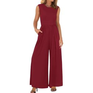 BTFBM Womens Casual Jumpsuits Dressy 2026 Spring One Piece Outfits Crew Neck Sleeveless Knit Wide Leg Pants Romper Beach(Wine Red)