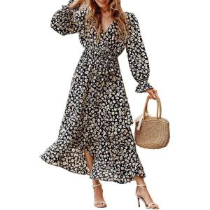 BTFBM Womens Dresses Spring Clothes 2026 V Neck Floral High Waist Ruffle Wedding Guest Cocktail Boho Long Sleeve Dress(Big Floral Black)