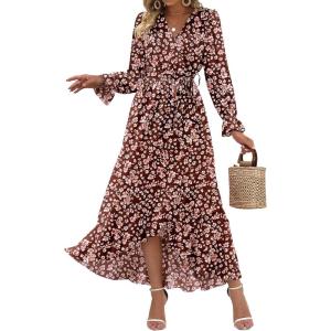 BTFBM Womens Dresses Spring Clothes 2026 V Neck Floral High Waist Ruffle Wedding Guest Cocktail Boho Long Sleeve Dress(Big Floral Wine Red)