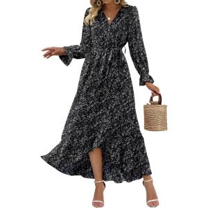 BTFBM Womens Dresses Spring Clothes 2026 V Neck Floral High Waist Ruffle Wedding Guest Cocktail Boho Long Sleeve Dress(Floral Black)