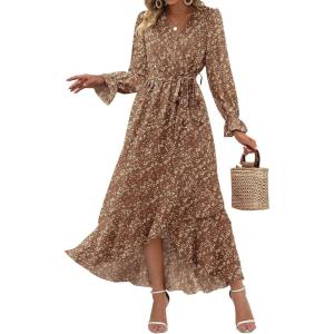 BTFBM Womens Dresses Spring Clothes 2026 V Neck Floral High Waist Ruffle Wedding Guest Cocktail Boho Long Sleeve Dress(Floral Brown)