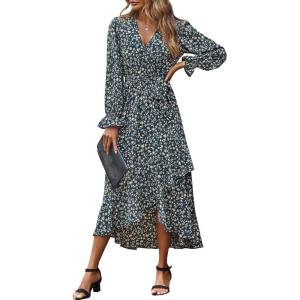 BTFBM Womens Dresses Spring Clothes 2026 V Neck Floral High Waist Ruffle Wedding Guest Cocktail Boho Long Sleeve Dress(Floral Light Blue Apricot)