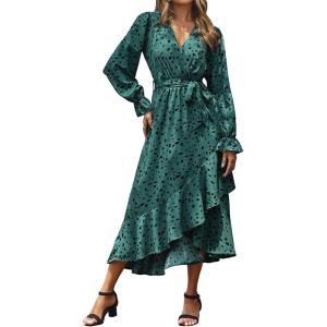 BTFBM Womens Dresses Spring Clothes 2026 V Neck Floral High Waist Ruffle Wedding Guest Cocktail Boho Long Sleeve Dress(Leopard Dot Green)