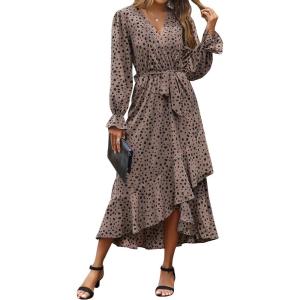BTFBM Womens Dresses Spring Clothes 2026 V Neck Floral High Waist Ruffle Wedding Guest Cocktail Boho Long Sleeve Dress(Leopard Dot Light Khaki)