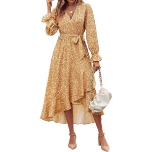 BTFBM Womens Dresses Spring Clothes 2026 V Neck Floral High Waist Ruffle Wedding Guest Cocktail Boho Long Sleeve Dress(White Floral Yellow)
