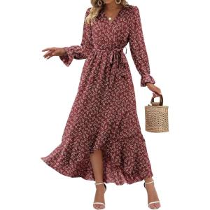 BTFBM Womens Dresses Spring Clothes 2026 V Neck Floral High Waist Ruffle Wedding Guest Cocktail Boho Long Sleeve Dress(Wine Red/White)