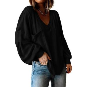 BTFBM Womens Fall Fashion 2025 Long Sleeve Shirts Casual V Neck Ribbed Knit Blouses Pullover Trendy Loose Fit Tunic Tops(Black)