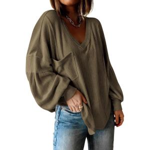 BTFBM Womens Fall Fashion 2025 Long Sleeve Shirts Casual V Neck Ribbed Knit Blouses Pullover Trendy Loose Fit Tunic Tops(Solid Army Green)