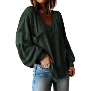BTFBM Womens Fall Fashion 2025 Long Sleeve Shirts Casual V Neck Ribbed Knit Blouses Pullover Trendy Loose Fit Tunic Tops(Solid Dark Army Green)
