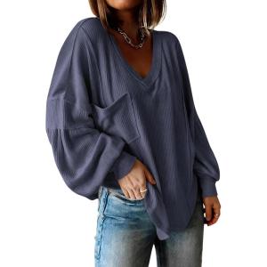 BTFBM Womens Fall Fashion 2025 Long Sleeve Shirts Casual V Neck Ribbed Knit Blouses Pullover Trendy Loose Fit Tunic Tops(Solid Dark Grey Blue)