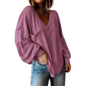 BTFBM Womens Fall Fashion 2025 Long Sleeve Shirts Casual V Neck Ribbed Knit Blouses Pullover Trendy Loose Fit Tunic Tops(Solid Dusty Pink)