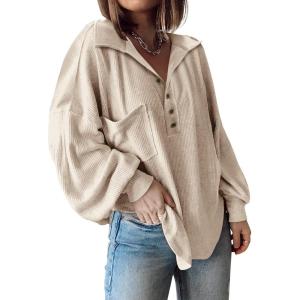 BTFBM Womens Fall Fashion 2025 Long Sleeve Shirts Casual V Neck Ribbed Knit Blouses Pullover Trendy Loose Fit Tunic Tops(Turndown Apricot)