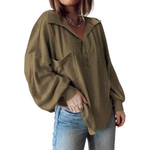 BTFBM Womens Fall Fashion 2025 Long Sleeve Shirts Casual V Neck Ribbed Knit Blouses Pullover Trendy Loose Fit Tunic Tops(Turndown Army Green)