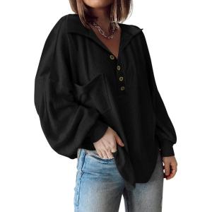 BTFBM Womens Fall Fashion 2025 Long Sleeve Shirts Casual V Neck Ribbed Knit Blouses Pullover Trendy Loose Fit Tunic Tops(Turndown Black)