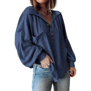 BTFBM Womens Fall Fashion 2025 Long Sleeve Shirts Casual V Neck Ribbed Knit Blouses Pullover Trendy Loose Fit Tunic Tops(Turndown Blue)