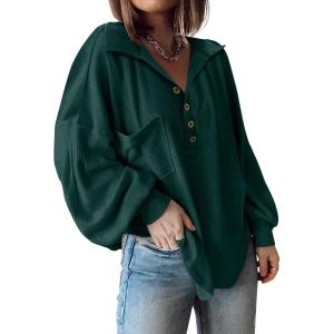 BTFBM Womens Fall Fashion 2025 Long Sleeve Shirts Casual V Neck Ribbed Knit Blouses Pullover Trendy Loose Fit Tunic Tops(Turndown Dark Green)