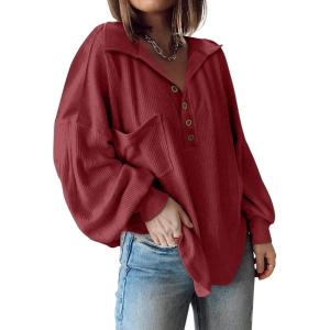 BTFBM Womens Fall Fashion 2025 Long Sleeve Shirts Casual V Neck Ribbed Knit Blouses Pullover Trendy Loose Fit Tunic Tops(Turndown Wine Red)