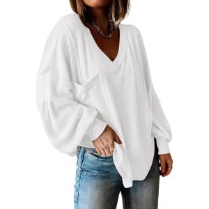 BTFBM Womens Fall Fashion 2025 Long Sleeve Shirts Casual V Neck Ribbed Knit Blouses Pullover Trendy Loose Fit Tunic Tops(White)