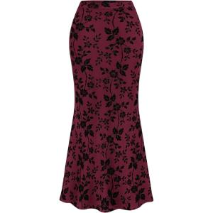 BTFBM Womens Floral Mesh Maxi Skirt 2026 Spring Summer Elastic High Waisted Boho Elegant Mermaid Long Skirts for Women(Burgundy)