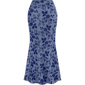 BTFBM Womens Floral Mesh Maxi Skirt 2026 Spring Summer Elastic High Waisted Boho Elegant Mermaid Long Skirts for Women(Dusty Blue)
