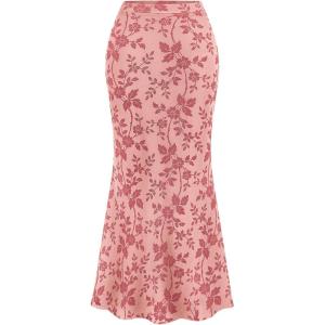 BTFBM Womens Floral Mesh Maxi Skirt 2026 Spring Summer Elastic High Waisted Boho Elegant Mermaid Long Skirts for Women(Pink)