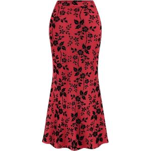 BTFBM Womens Floral Mesh Maxi Skirt 2026 Spring Summer Elastic High Waisted Boho Elegant Mermaid Long Skirts for Women(Red)
