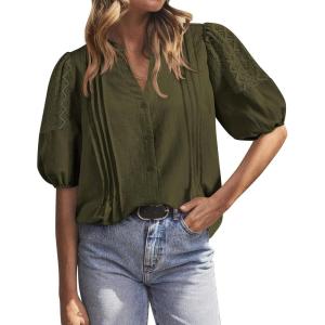 BTFBM Women’s Lace Puff Sleeve Tops 2025 Summer V Neck Casual Button Down Shirts Loose Dressy Work Business Blouse Top(Army Green)