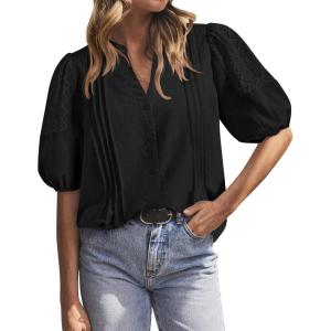 BTFBM Women’s Lace Puff Sleeve Tops 2025 Summer V Neck Casual Button Down Shirts Loose Dressy Work Business Blouse Top(Black)