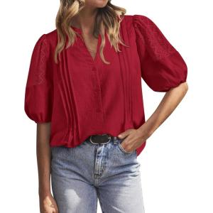 BTFBM Women’s Lace Puff Sleeve Tops 2025 Summer V Neck Casual Button Down Shirts Loose Dressy Work Business Blouse Top(Red)