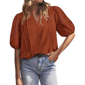 BTFBM Women’s Lace Puff Sleeve Tops 2025 Summer V Neck Casual Button Down Shirts Loose Dressy Work Business Blouse Top(Rust Red)
