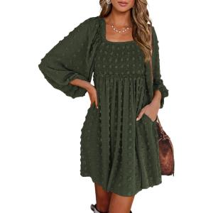 BTFBM Womens Long Sleeve Dress Vacation Square Neck Smocked Floral Swiss Dot Mini Boho Spring Wedding Guest Dresses 2026(Army Green)