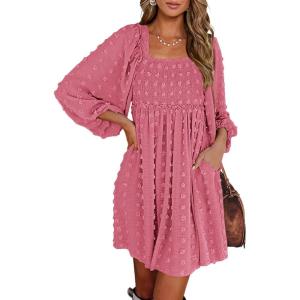 BTFBM Womens Long Sleeve Dress Vacation Square Neck Smocked Floral Swiss Dot Mini Boho Spring Wedding Guest Dresses 2026(Bean Paste Red)