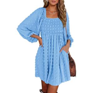 BTFBM Womens Long Sleeve Dress Vacation Square Neck Smocked Floral Swiss Dot Mini Boho Spring Wedding Guest Dresses 2026(Blue)