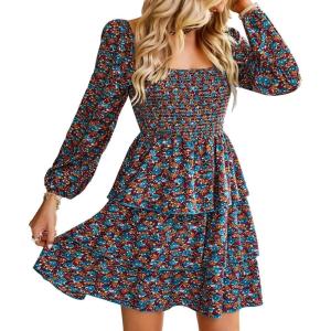 BTFBM Womens Long Sleeve Dress Vacation Square Neck Smocked Floral Swiss Dot Mini Boho Spring Wedding Guest Dresses 2026(Floral Blue Orange)