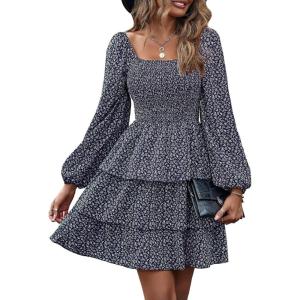 BTFBM Womens Long Sleeve Dress Vacation Square Neck Smocked Floral Swiss Dot Mini Boho Spring Wedding Guest Dresses 2026(Floral Navy Purple)