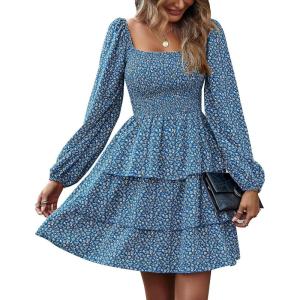 BTFBM Womens Long Sleeve Dress Vacation Square Neck Smocked Floral Swiss Dot Mini Boho Spring Wedding Guest Dresses 2026(Floral Royal Blue)