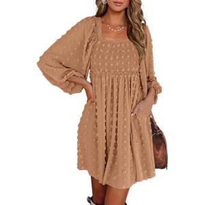 BTFBM Womens Long Sleeve Dress Vacation Square Neck Smocked Floral Swiss Dot Mini Boho Spring Wedding Guest Dresses 2026(Khaki)