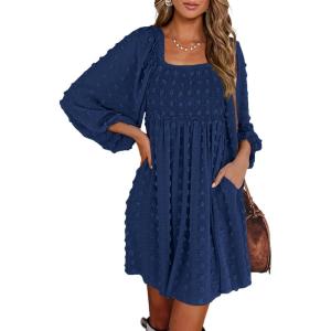 BTFBM Womens Long Sleeve Dress Vacation Square Neck Smocked Floral Swiss Dot Mini Boho Spring Wedding Guest Dresses 2026(Navy)