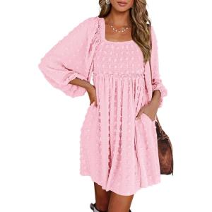 BTFBM Womens Long Sleeve Dress Vacation Square Neck Smocked Floral Swiss Dot Mini Boho Spring Wedding Guest Dresses 2026(Pink)