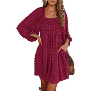 BTFBM Womens Long Sleeve Dress Vacation Square Neck Smocked Floral Swiss Dot Mini Boho Spring Wedding Guest Dresses 2026(Wine Red)