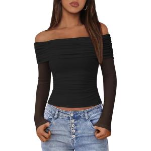 BTFBM Women’s Long Sleeve Shirts 2025 Fall Crop Going Out Tops Mesh Ruched Casual Off Shoulder Blouses Y2K Clothes(Black)